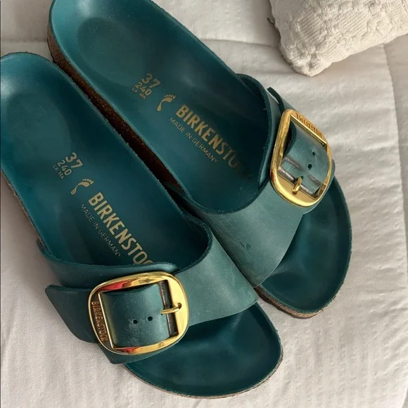 Birkenstock Turquoise Slides with Gold Buckle - Picture 6 of 6